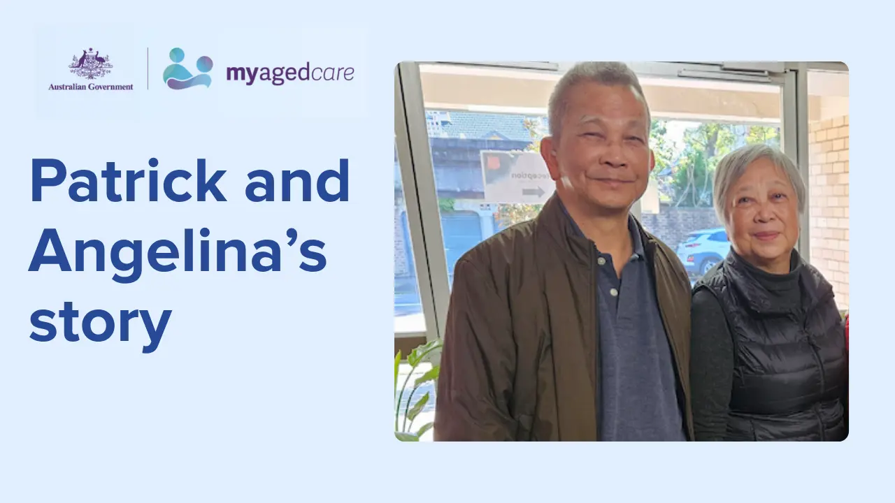 Graphic with two older Chinese people on the right with words reading "Patrick and Angelina's story" at left.