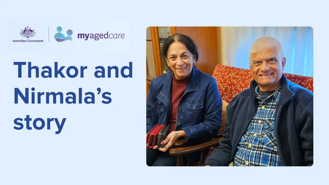 Graphic with an older indian man and woman at right, text on left reads "Thakor and Nirmala's story"