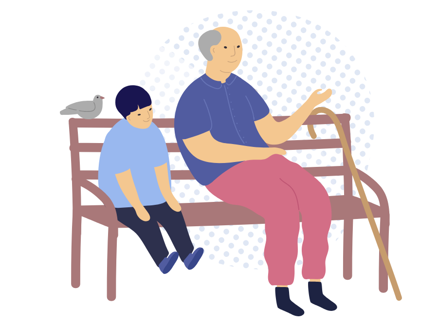 Man and boy sitting on bench