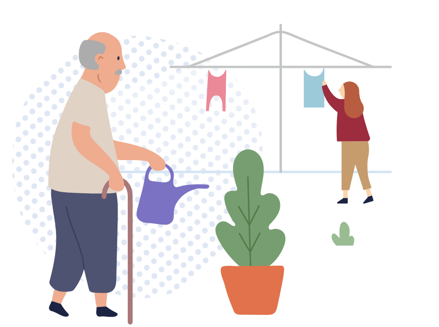 Woman hanging clothes for older man Woman hanging clothes for older man
