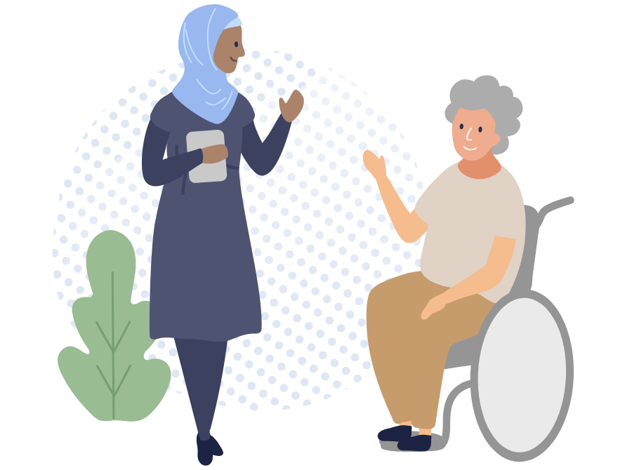 Woman in wheelchair talking to female assessor