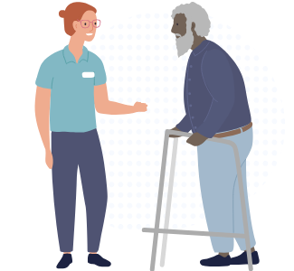Aged care worked talking to older man with walker