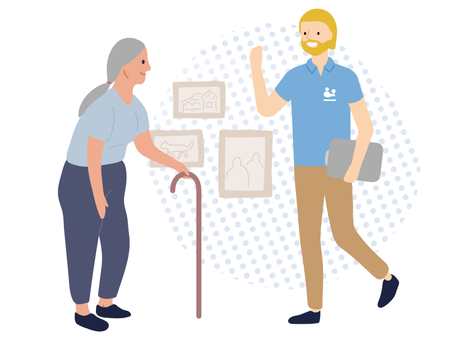 Woman with cane and waving man Woman with cane and waving man
