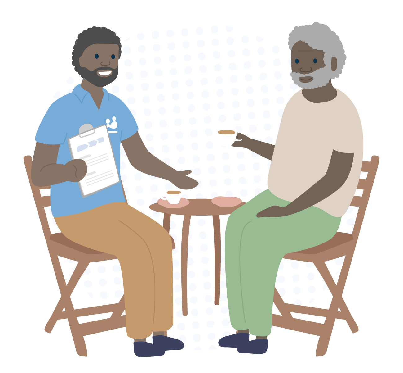 Aged care worker having tea with older man illustration