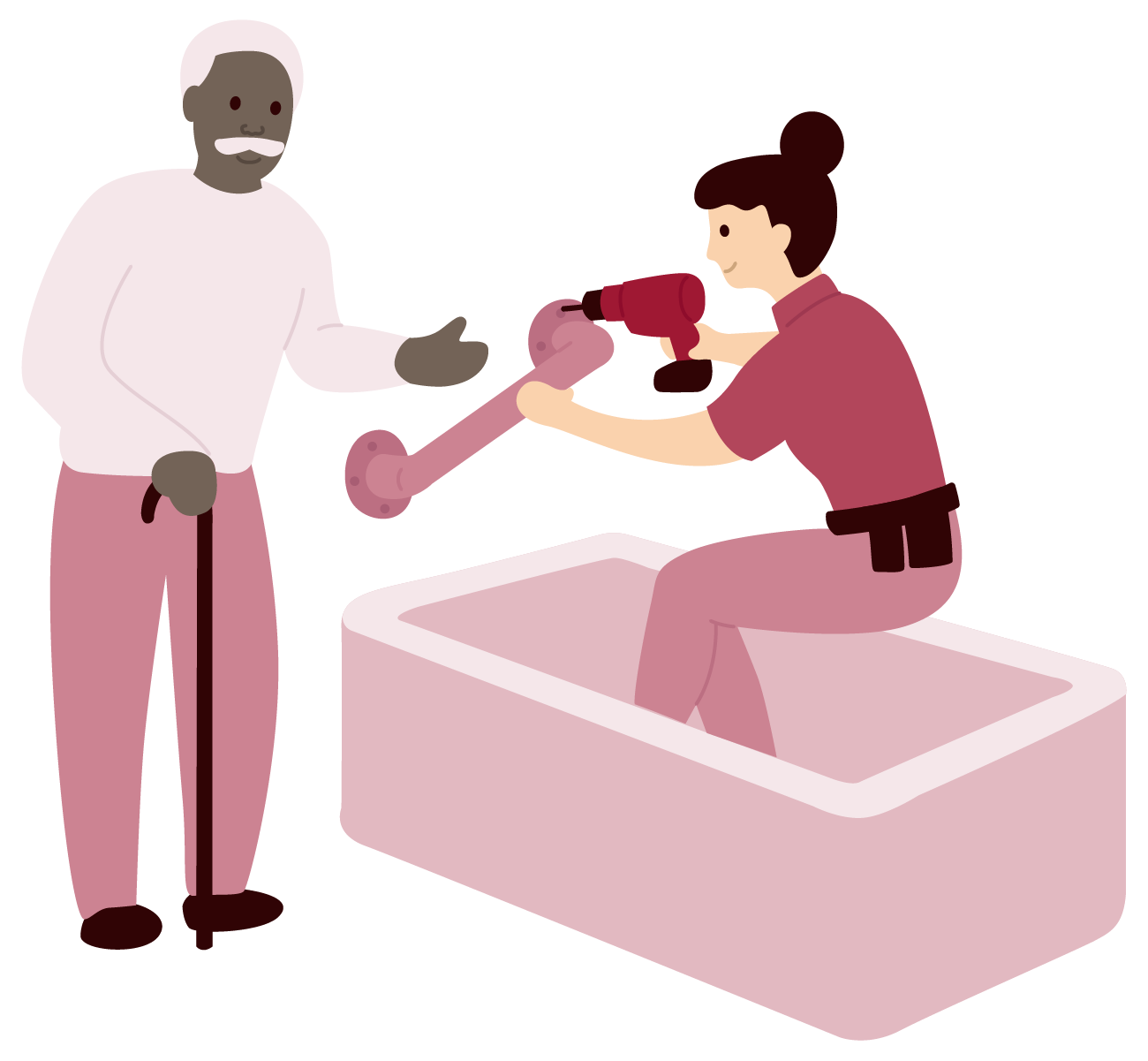 Handywoman fitting hand rail in bathroom illustration