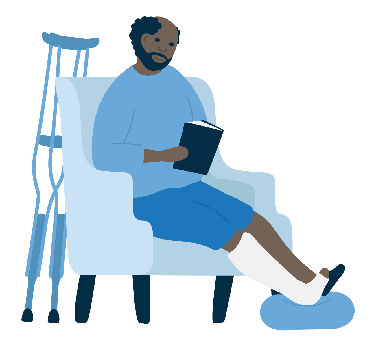 Older man with leg cast reading book in chair