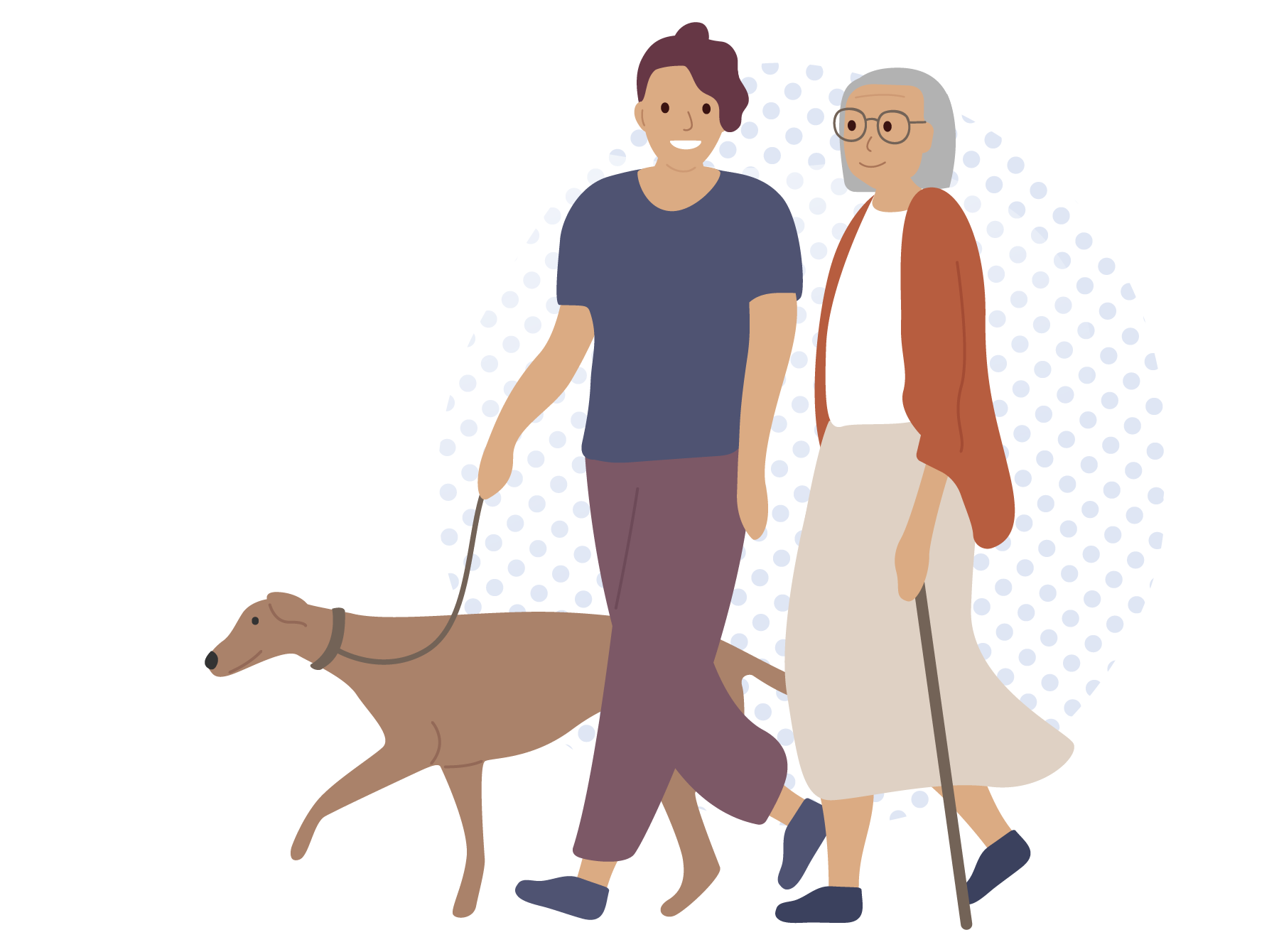 Older woman walking with younger person and dog