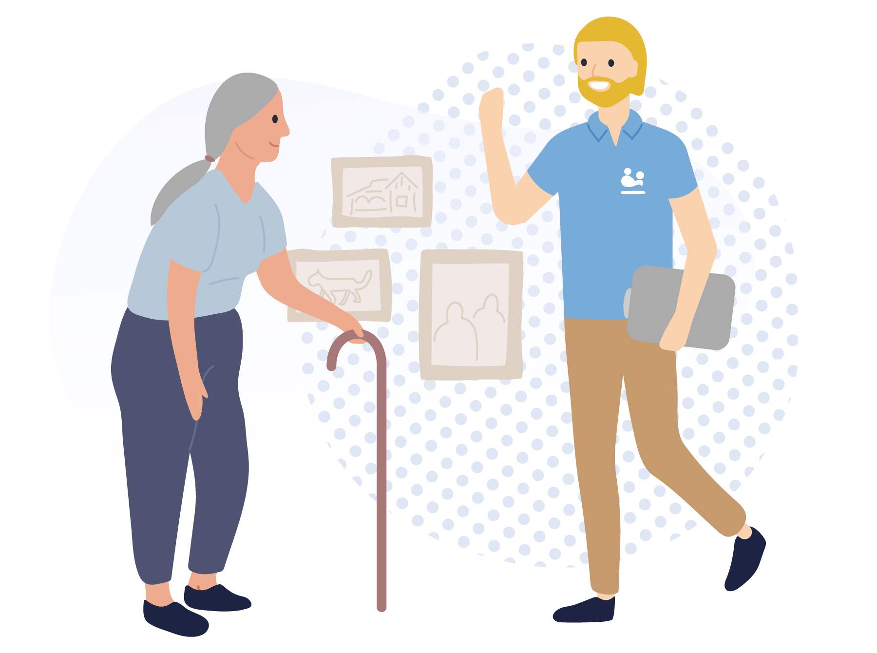 Woman with cane and waving man