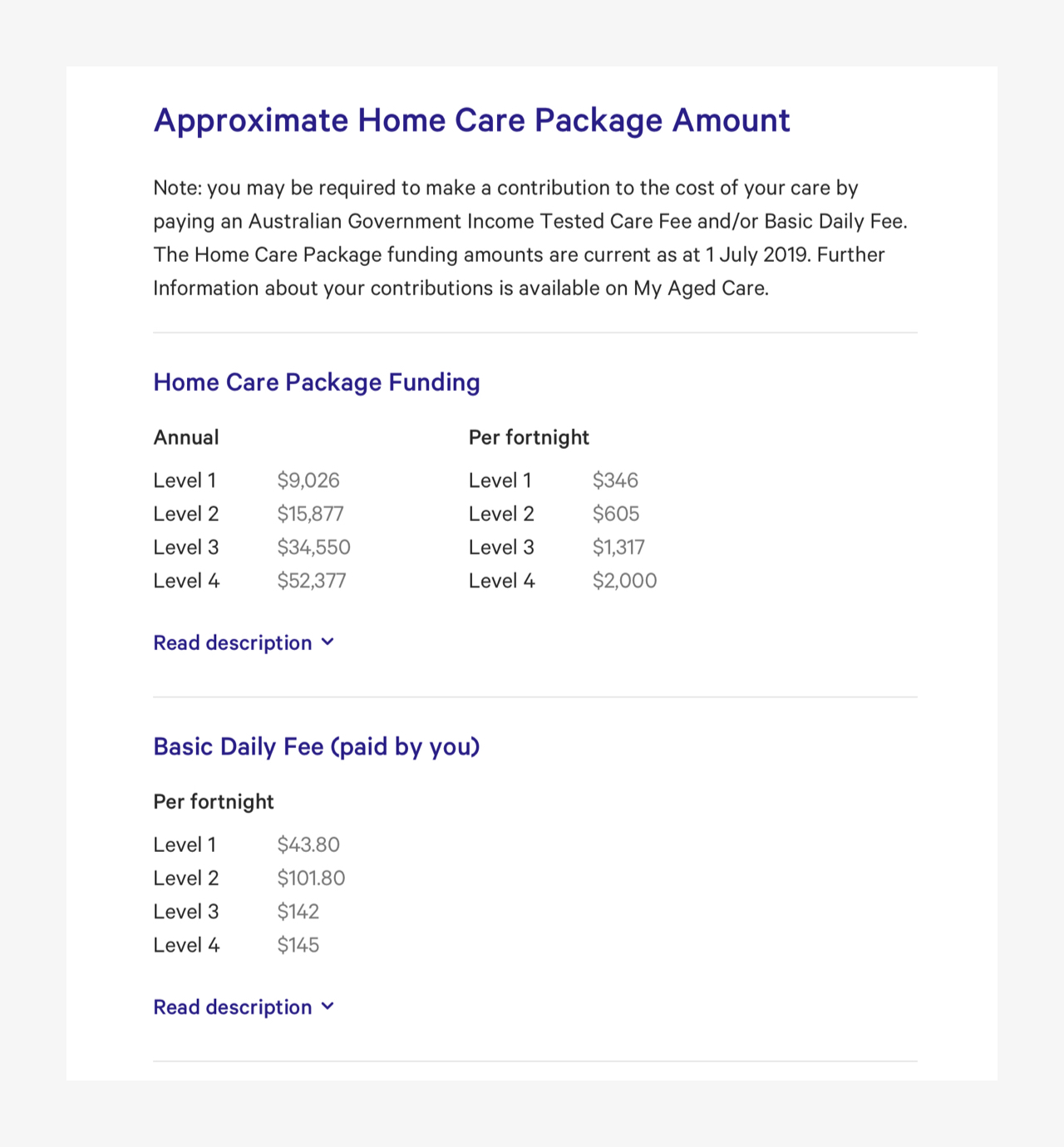 screenshot of home care package costs section in Find a provider