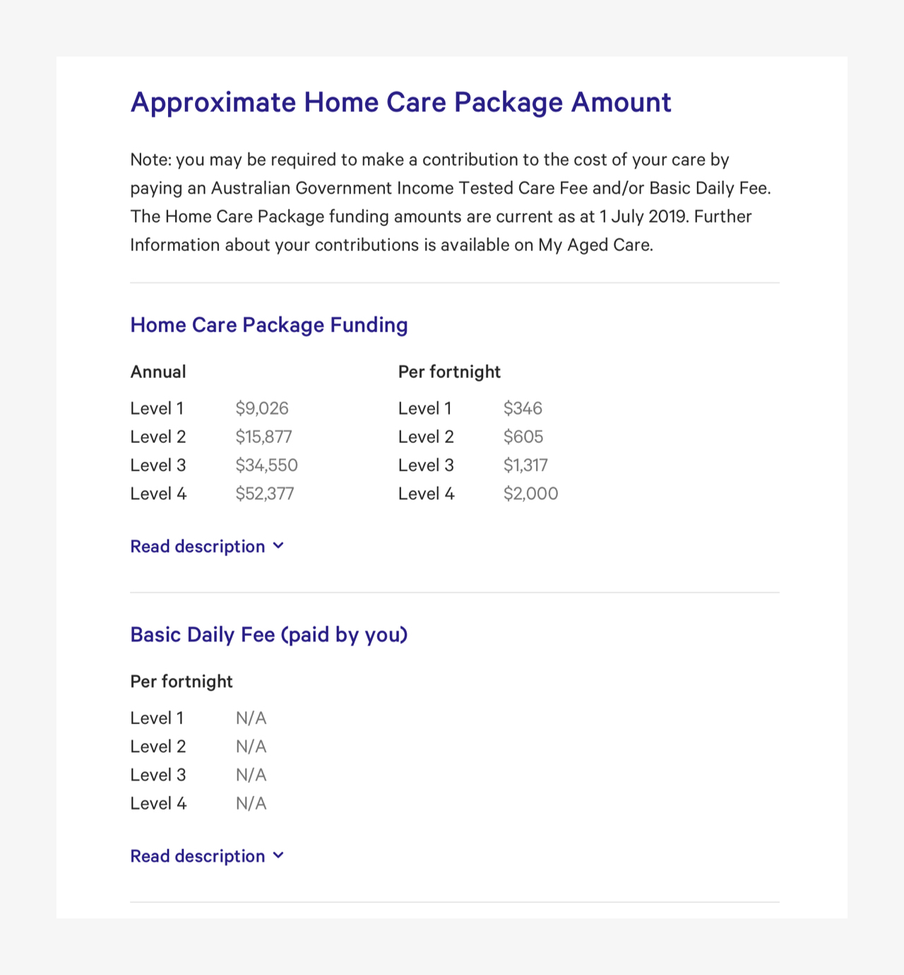 screenshot of home care package costs section in Find a provider - Don't
