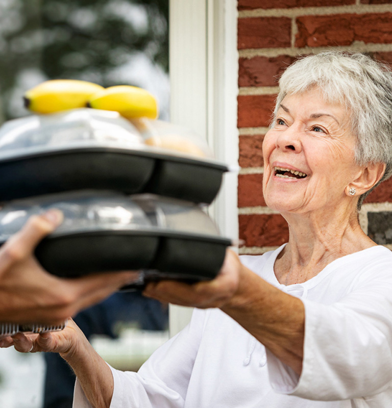 Elderly lady being handed prepared meals