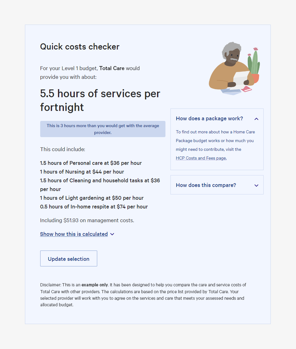 Screenshot of Costs checker on HCP provider profile