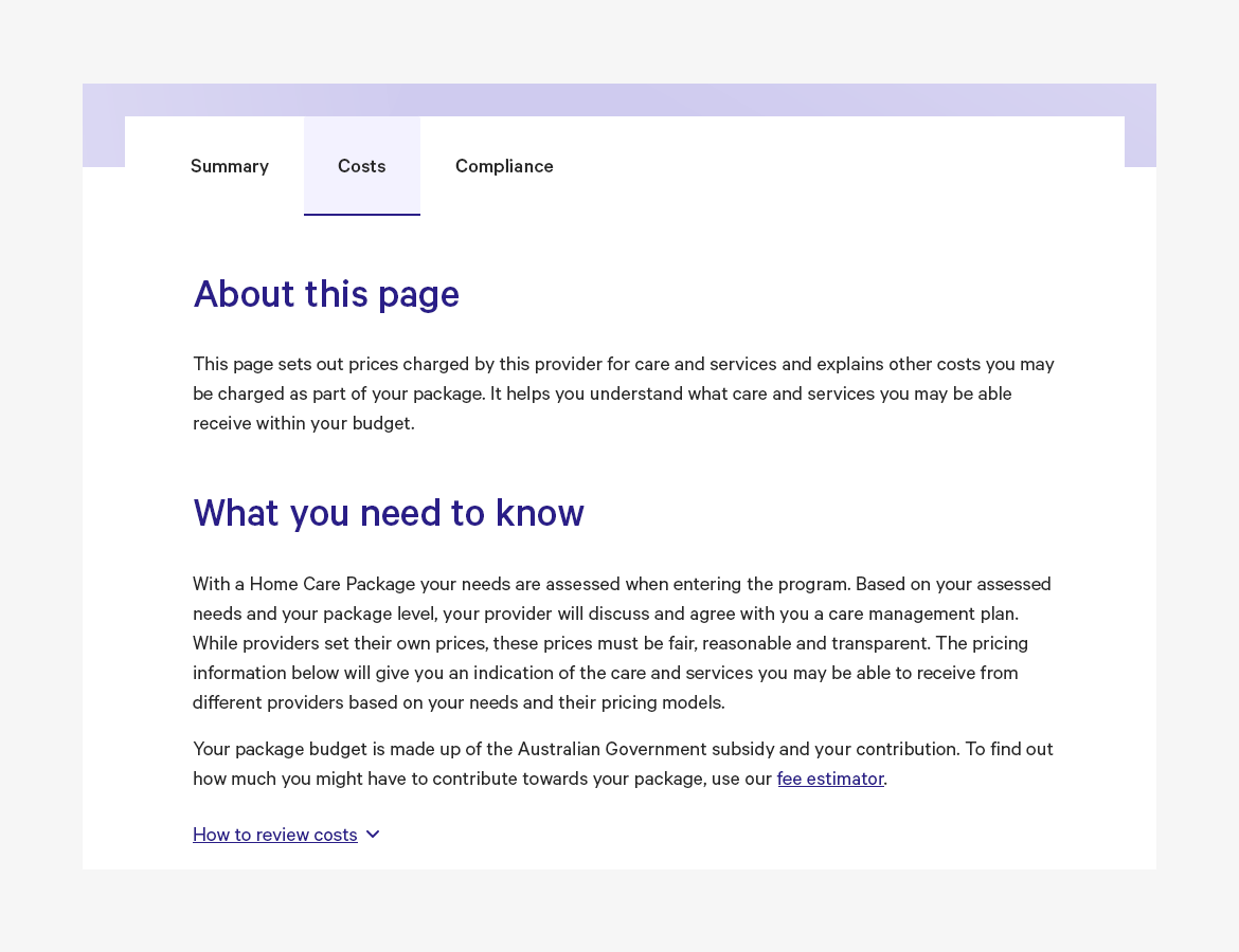 screenshot of hcp provider profile - costs section - summary