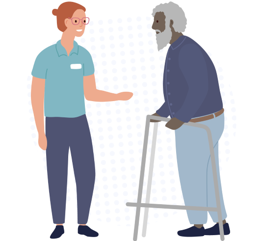 An older man with a walking frame speaking to a female aged care worker.