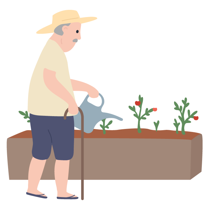 An illustration of a man holding a watering can and watering a garden plot of flowers.