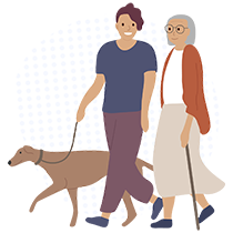 Image Description: An image of an older woman walking with a younger woman and her dog.