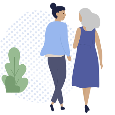 Image Description: two women with their backs turned walking away from the viewer