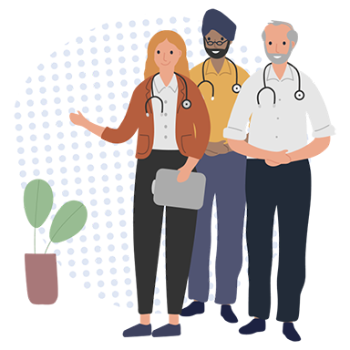 Image Description: an illustration of three health professionals next to a pot plant.