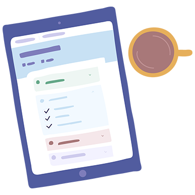 Image Description: An overhead shot of an electronic tablet device and a mug, filled with what appears to be coffee or hot chocolate.