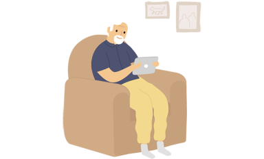 A digital illustration of A man sitting on a chair and using a tablet device